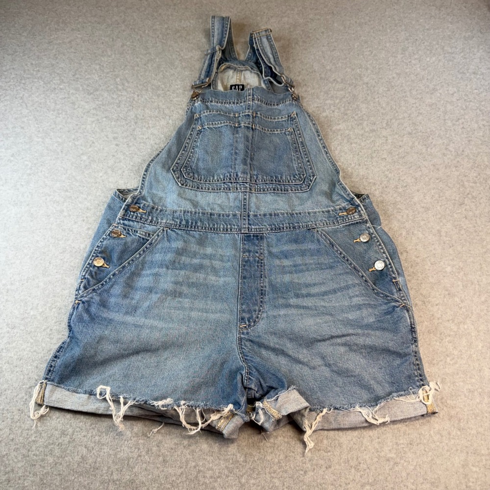 Gap Industrial Denim Short Overalls Womens Large Medium Wash Raw Hem Bibs